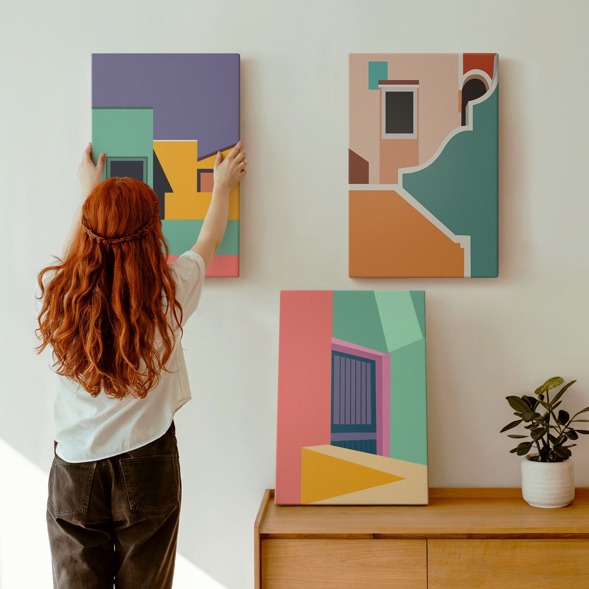 Zestaw 3 dużych obrazów na płótnie - Kolorowe ilustracje miasta - wielokolorowy