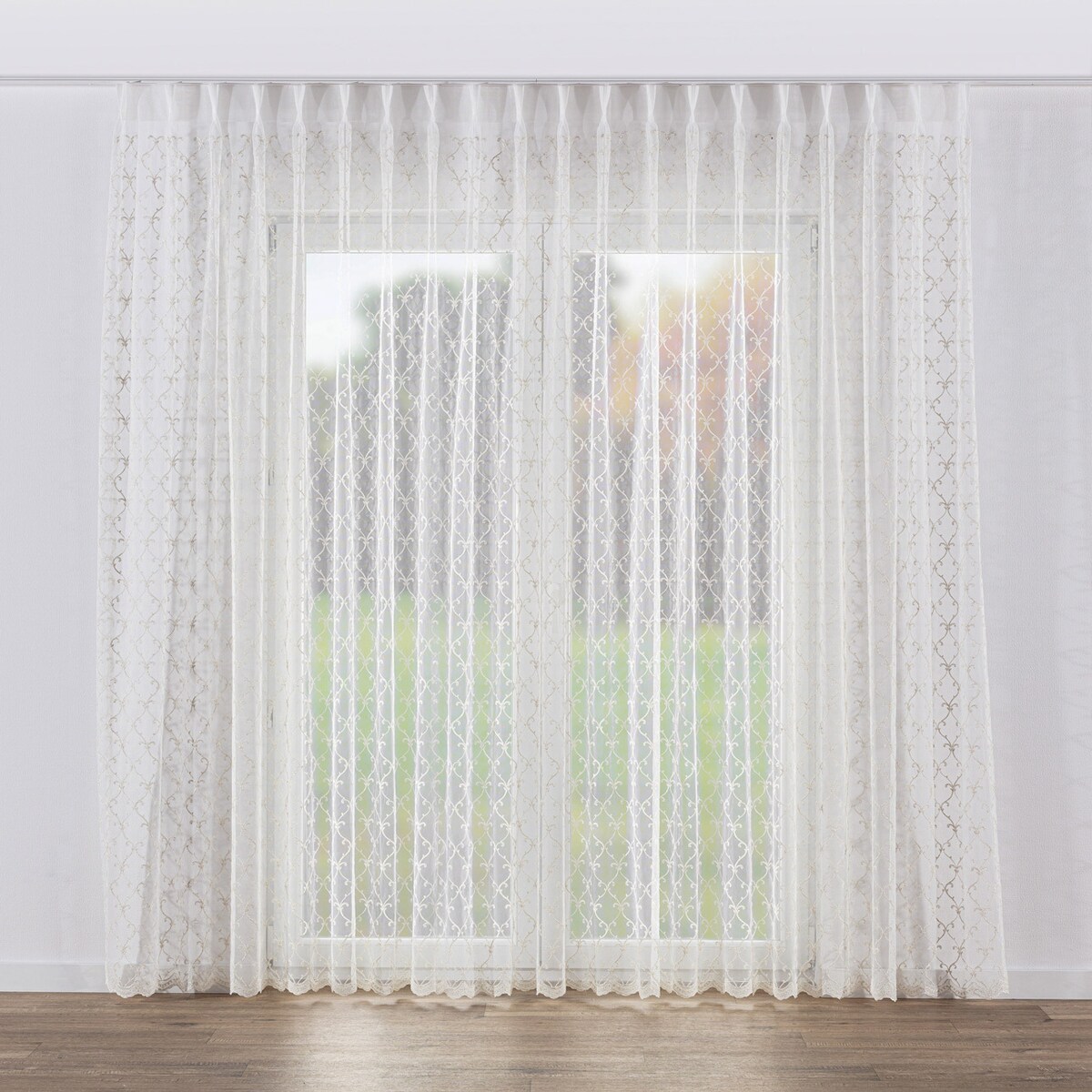 Firana na haczykach flex podwójnych 300x245 ecru ze zdobieniem