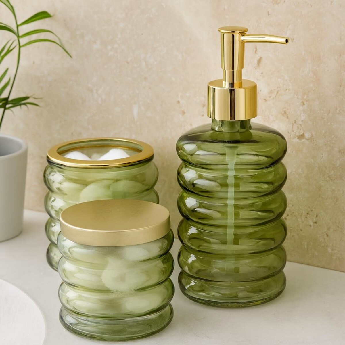 Zestaw łazienkowy szklany - dozownik, kubek i pojemnik 19x8,5 cm IMPOSTATO zielony