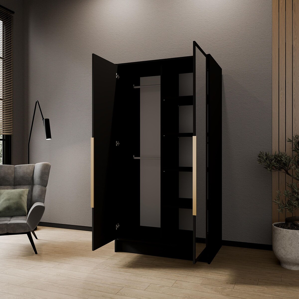 Szafa 100 gładka LUSO z lustrem i czarnymi uchwytami, czarna