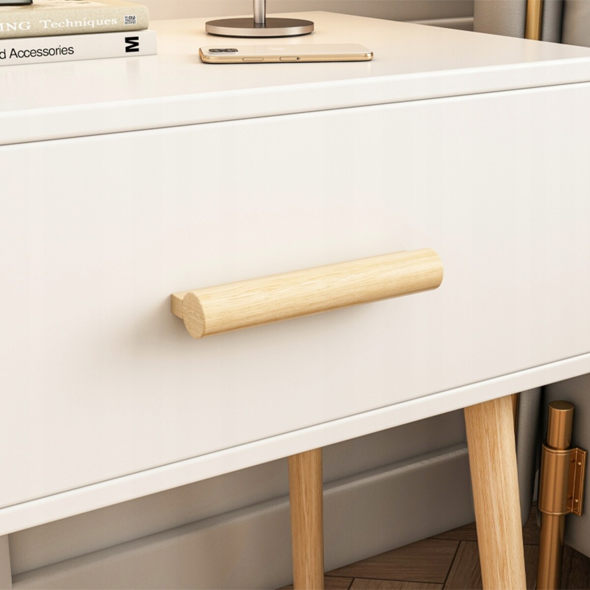 Szafka nocna z szufladą biała stolik skandynawski glamour sypialni salonu