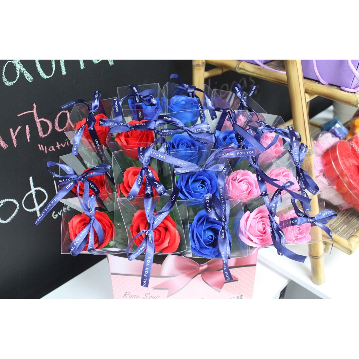 RÓŻA MYDLANA 40cm PACHNIE prezent w pudełku NIEBIESKA święta upominek box