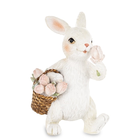 Figurka - biały królik 11x6,5x6,5 cm z koszykiem różowych tulipanów