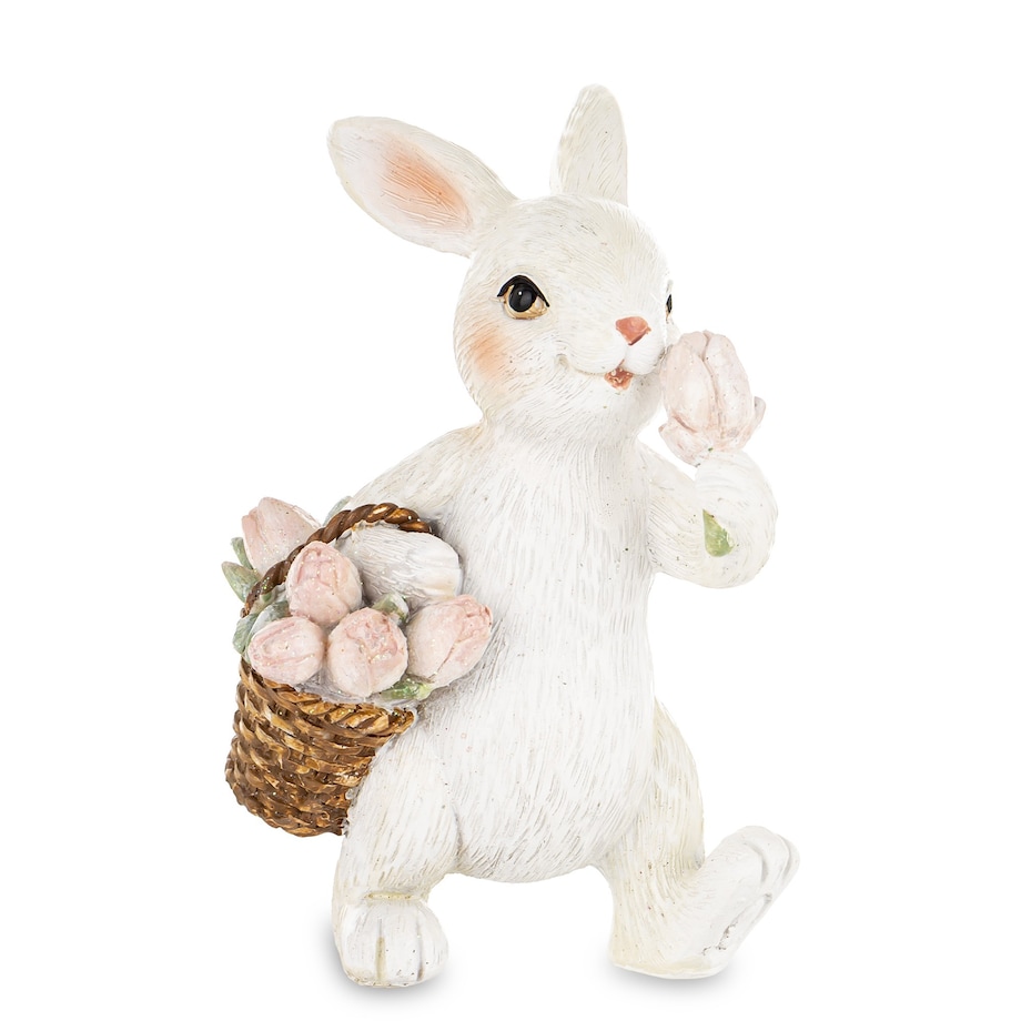 Figurka - biały królik 11x6,5x6,5 cm z koszykiem różowych tulipanów