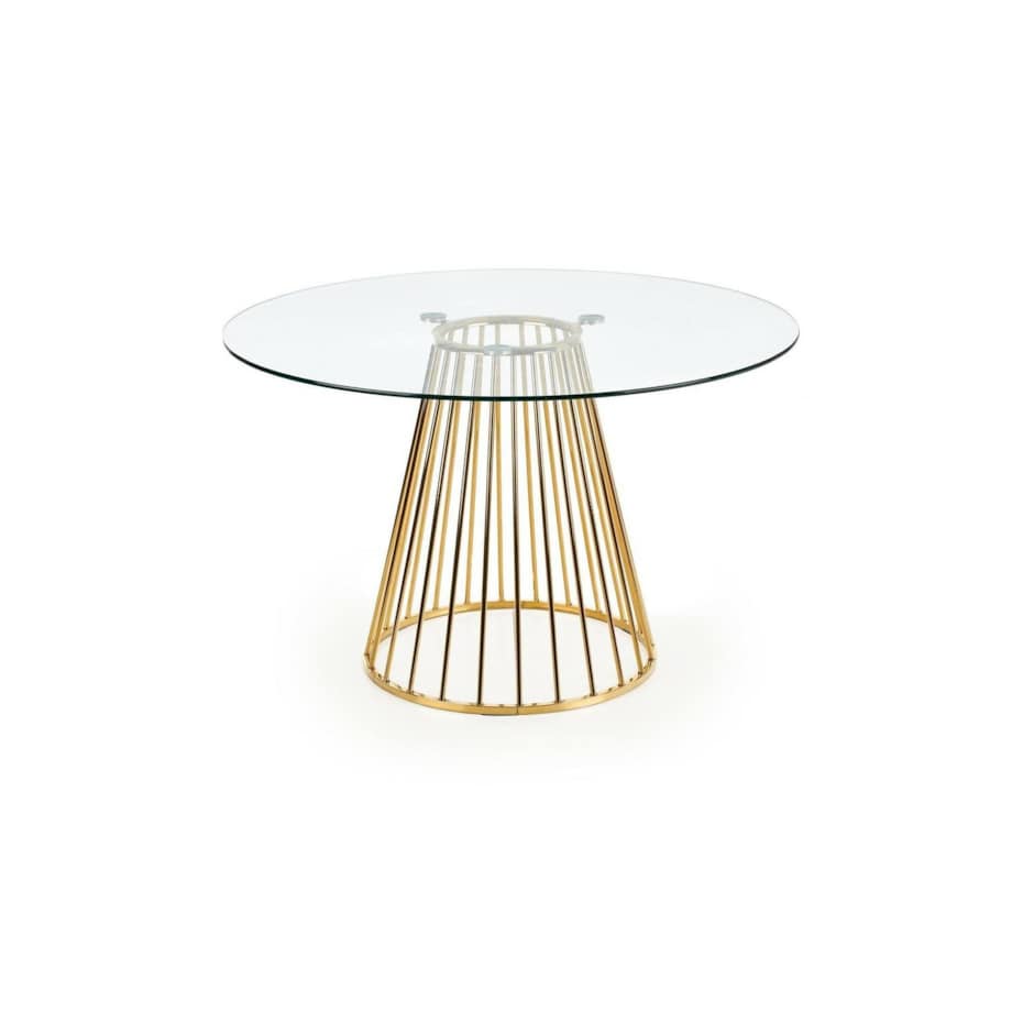 STÓŁ OKRĄGŁY Dabro 120cm SZKLANY BLAT stalowa ZŁOTA PODSTAWA