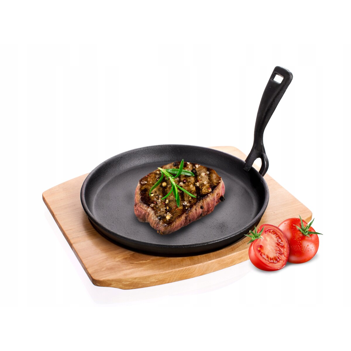 PATELNIA TALERZ ŻELIWNE na desce jedzenie stek mięso warzywa na gorąco box