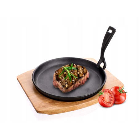 PATELNIA TALERZ ŻELIWNE na desce jedzenie stek mięso warzywa na gorąco box