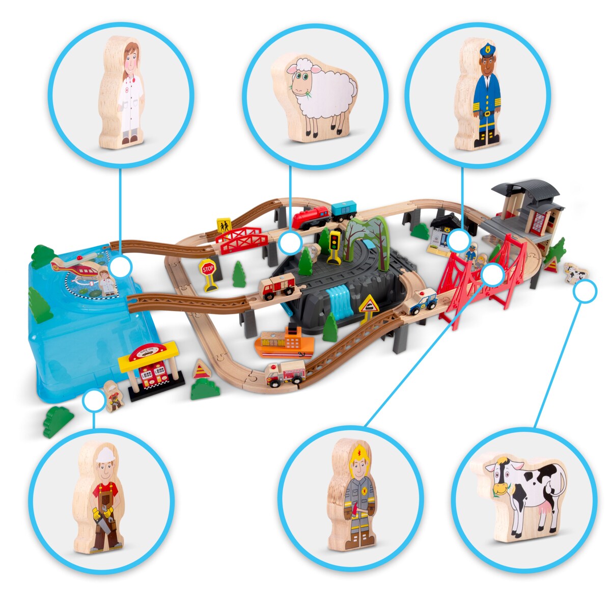 Kolejka drewniana miasteczko pociąg auta 100 szt. Ricokids