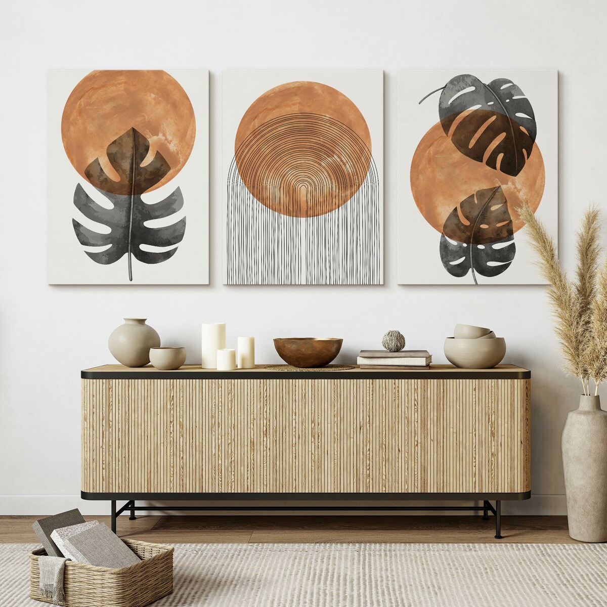 OBRAZY NA PŁÓTNIE SET LIŚCIE TROPIKALNE MONSTERY AKWARELE STYL BOHO 90x40cm