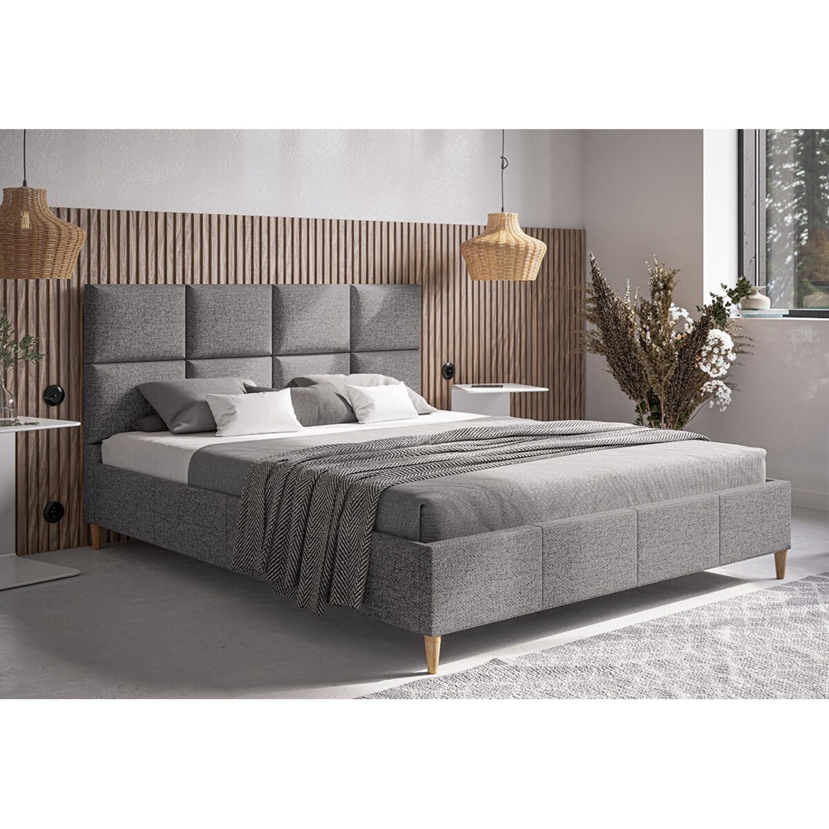 Łóżko sypialniane 160x200 LUXO 1, drewniane nogi, tkanina plecionka - szare