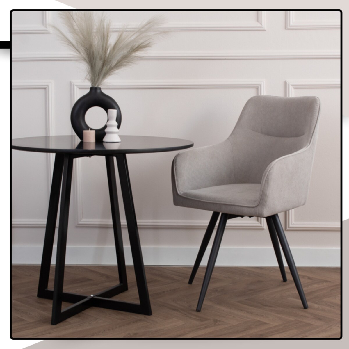 Krzesło obrotowe szare 360 stopni z czarnymi nogami sztruks