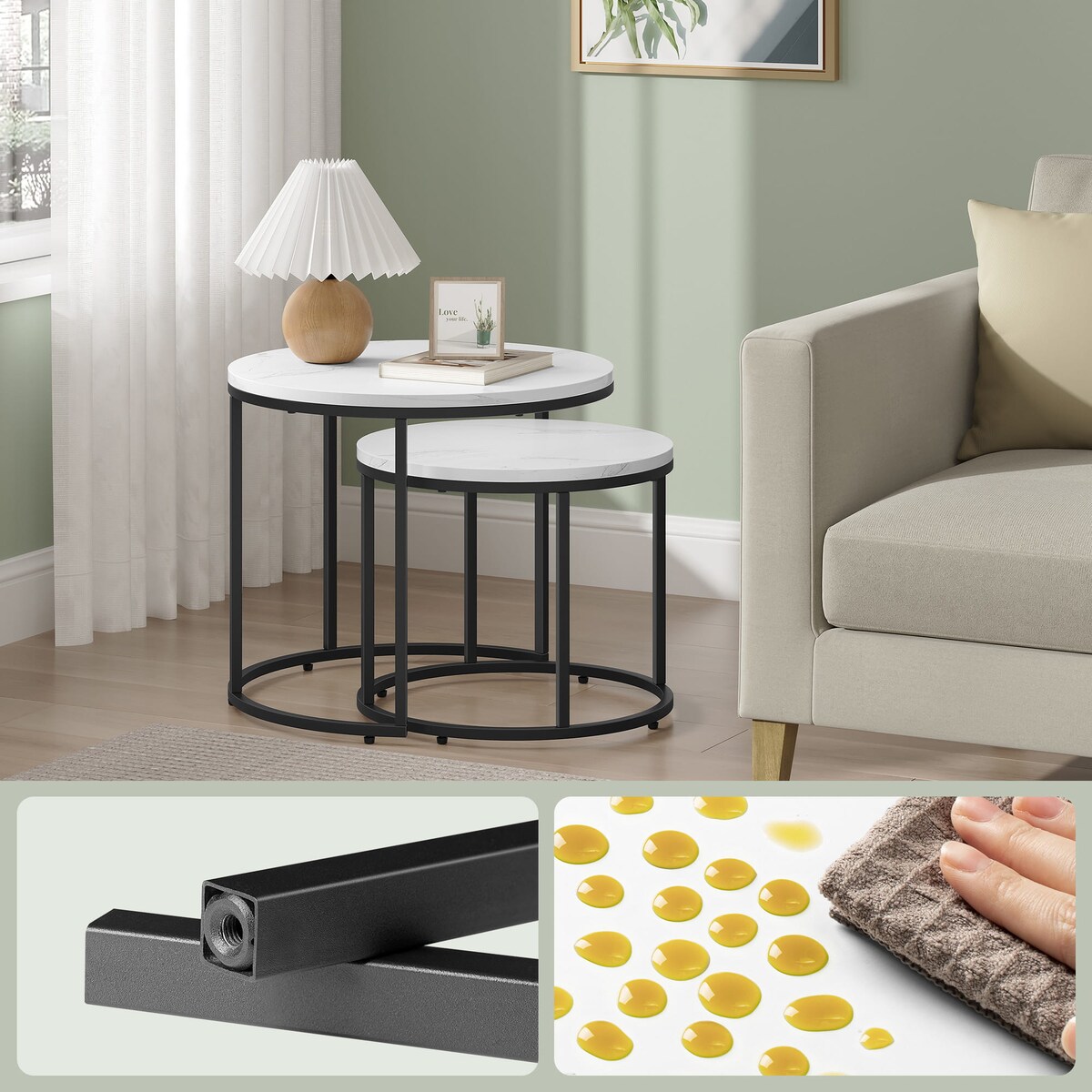 Stolik Kawowy Okrągły 2Szt Marmur, Czarny