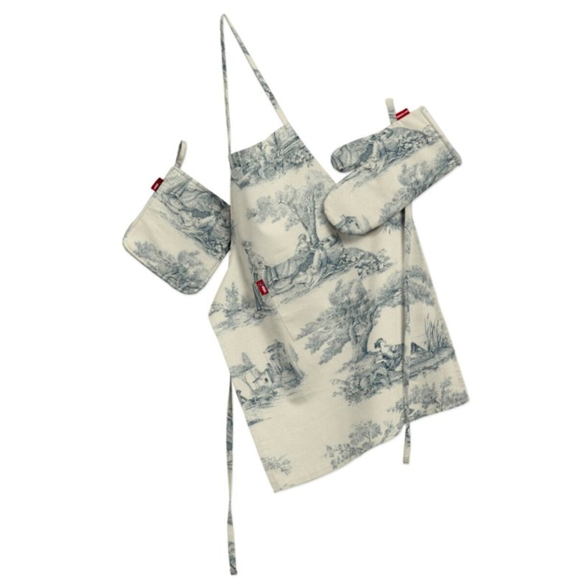 Komplet kuchenny fartuch,rękawica i łapacz, scenki rodzajowe w kolorze niebieskim na tle ecru, kpl, Avinon