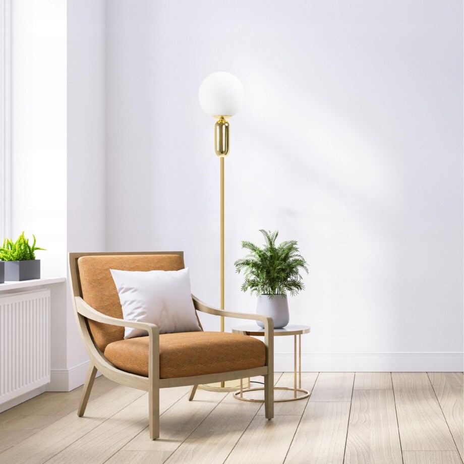 Lampa Stojąca Podłogowa Złota Biały Klosz