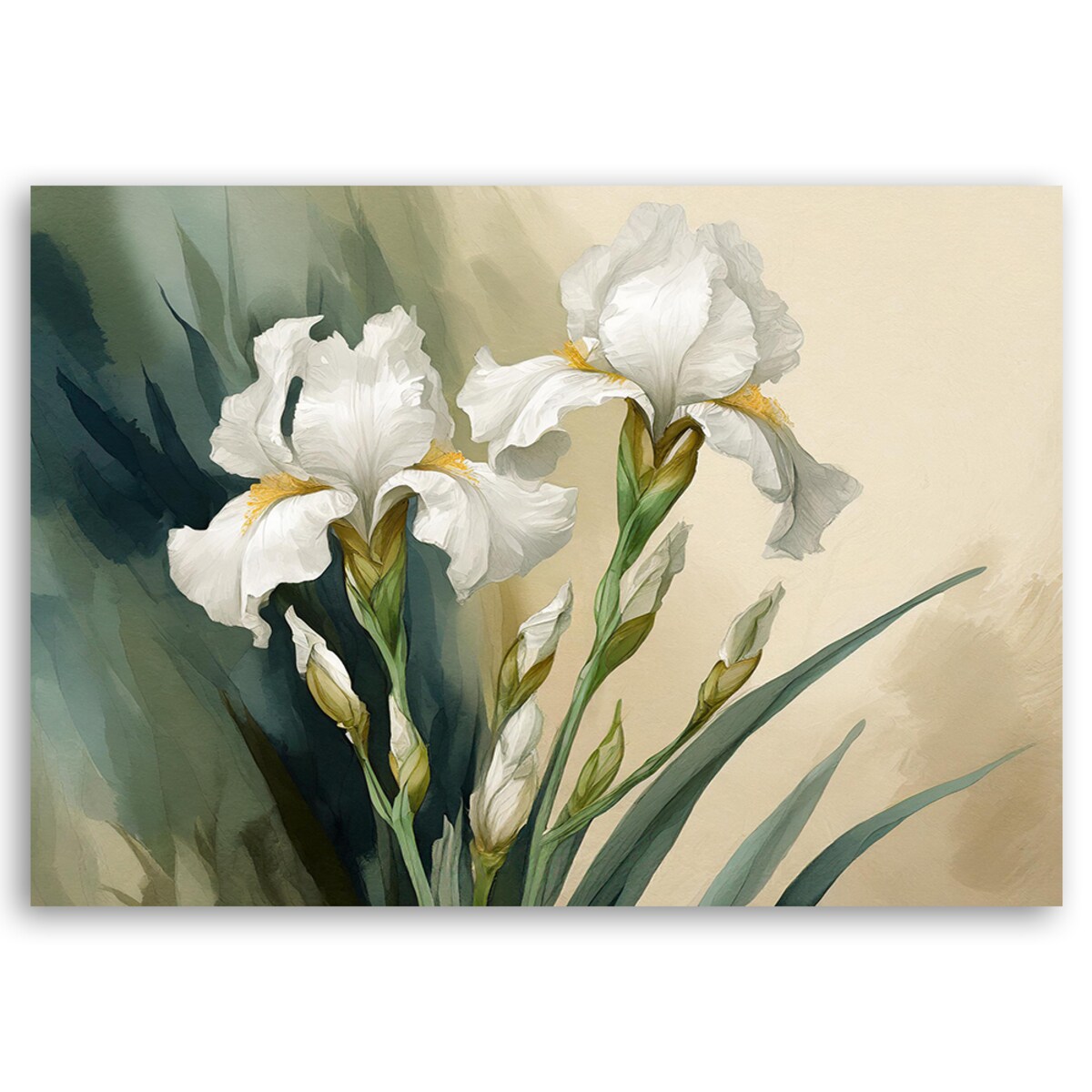 Irysy Białe Kwiaty na zielonym tle Akwarela Obrazy do salonu sypialni jadalni łazienki 90x60