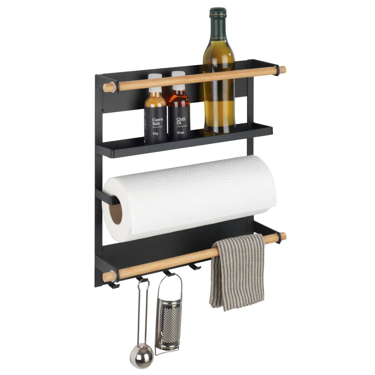 Wielofunkcyjna półka kuchenna MAGNA z uchwytem na ręcznik papierowy i haczykami, montaż bez wiercenia, WENKO