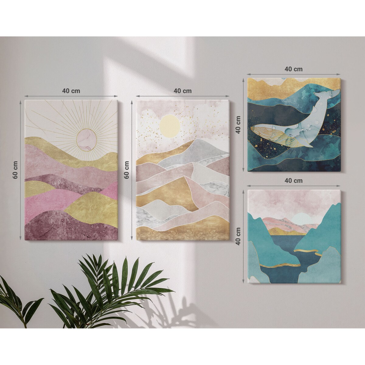 Zestaw 4 obrazów na płótnie - Abstrakcyjne góry słońce - turkusowy