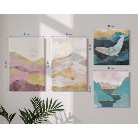 Zestaw 4 obrazów na płótnie - Abstrakcyjne góry słońce - turkusowy