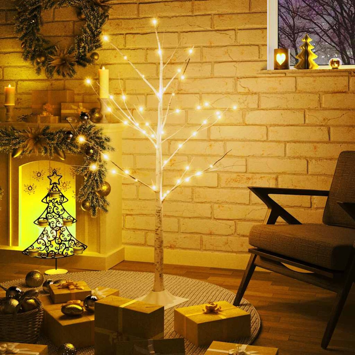 vidaXL Brzoza z oświetleniem, 48 ciepłych białych LED, 120 cm