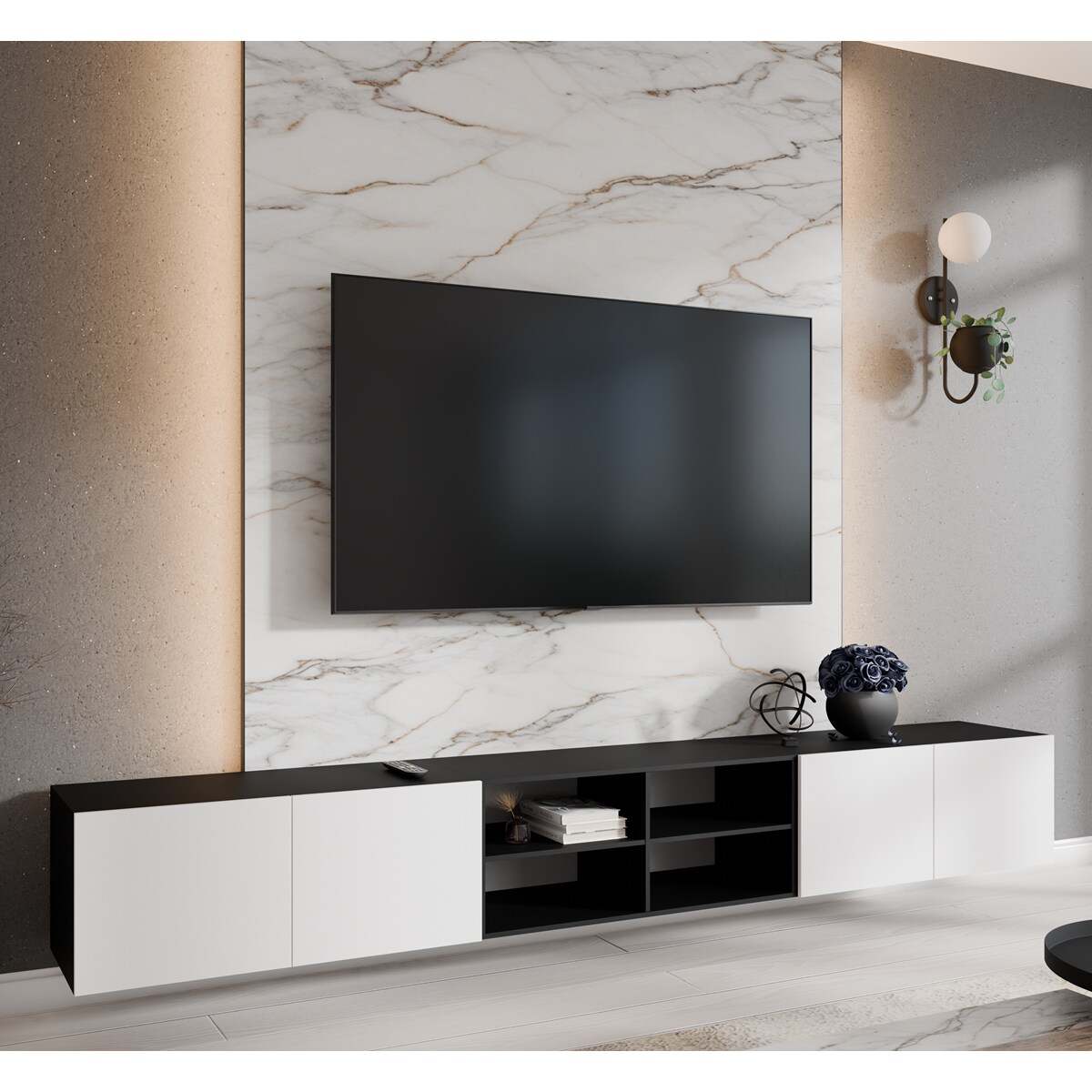 Szafka RTV LION 300 cm otwarta z półkami, do salonu -czarny + biały