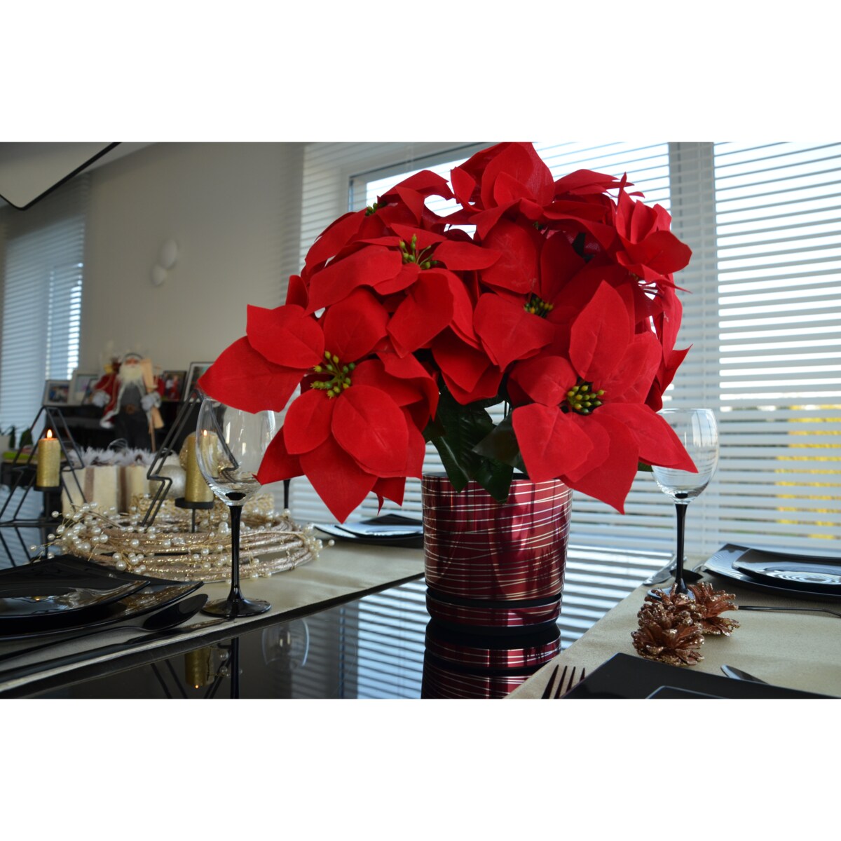 12 cm wzór WIŚNIOWA ZE SREBRNĄ NITKĄ Doniczka z podstawką bordowa glamour lustrzane srebrne paski połysk czerwona