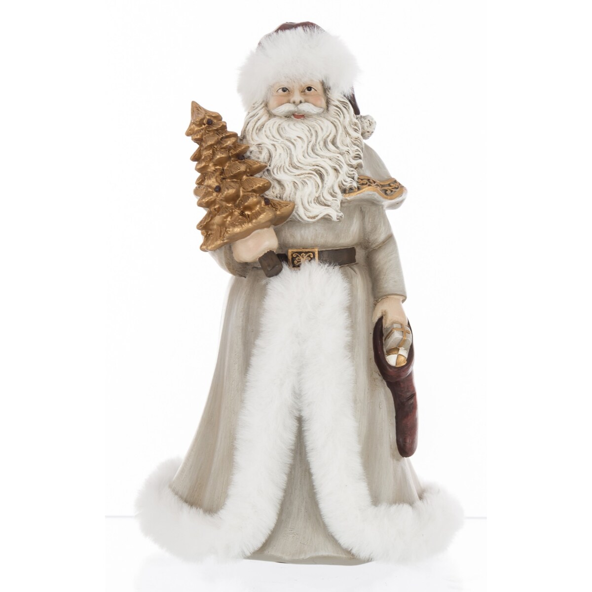 Mikołaj w płaszczu obszytym białym futrem ze złotą choinką i skarpetą z prezentami 22x14x14 cm