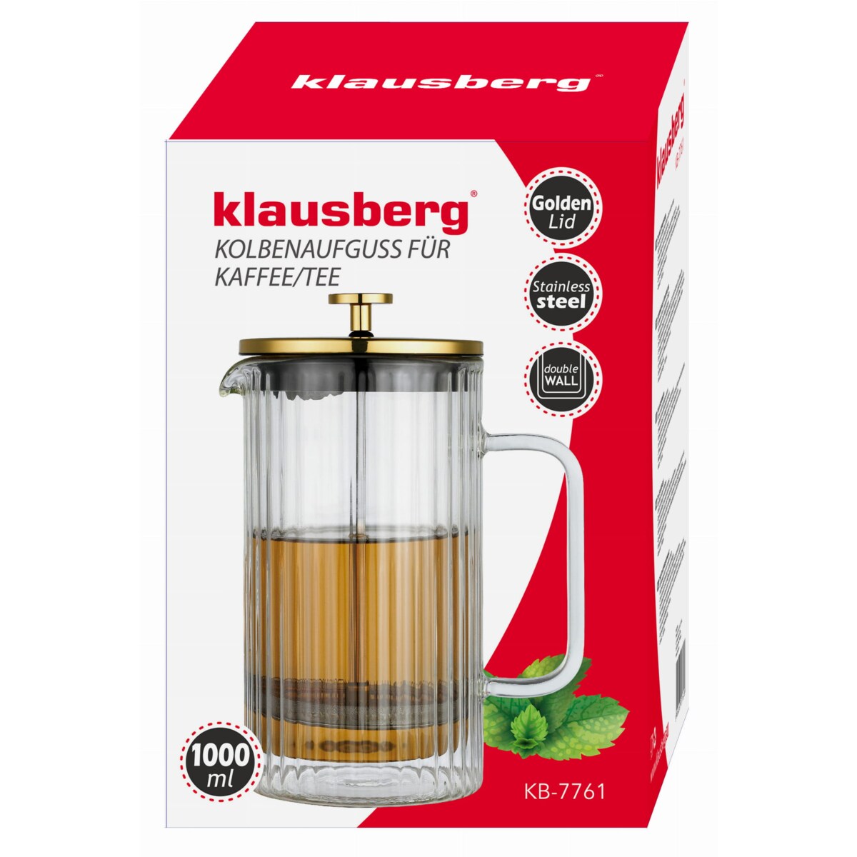 Zaparzacz do kawy herbaty szklany 1000ml French Press złoty KLAUSBERG