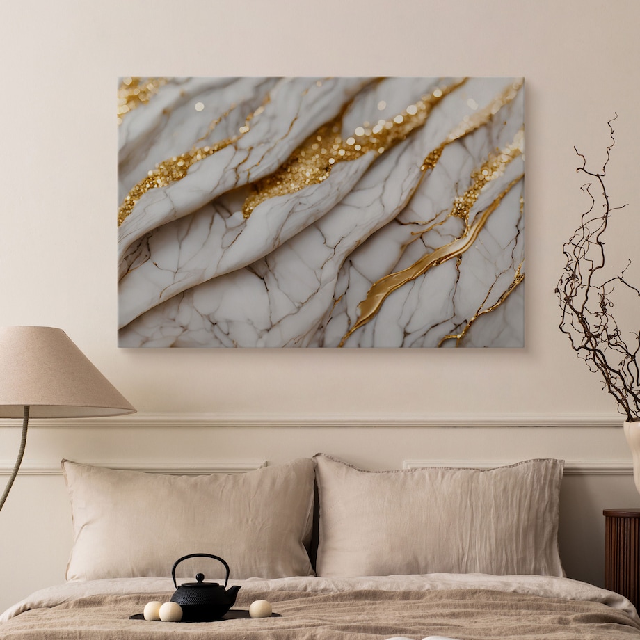 OBRAZ DO SYPIALNI BIAŁY NOWOCZESNY MARMUR ELEMENTY ZŁOTA 40x30cm