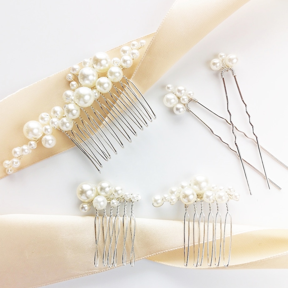 Zestaw ozdób ślubnych z perełkami srebrny