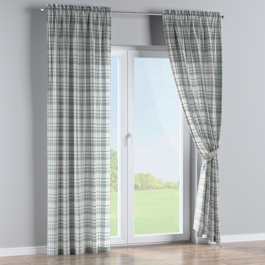 Zasłona na kanale z grzywką 1 szt. 130x245 kratka zielono-szary melanż