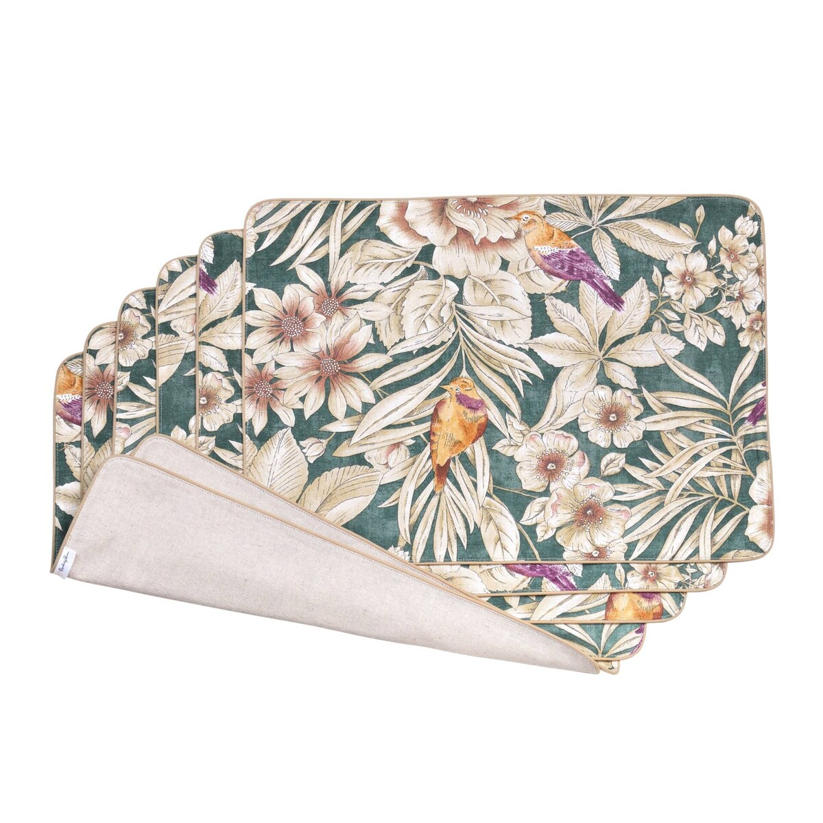 Podkładki dwustronne z motywem liści i ptaków Emerald & Mirha – komplet 6 szt.