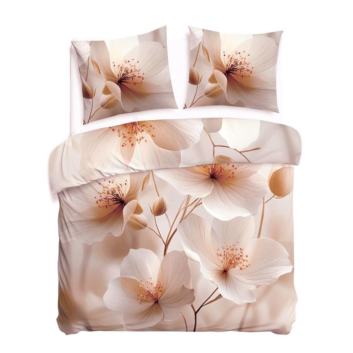 Pościel satyna bawełniana 160x200 Elize jasne beżowe kwiaty na kremowym tle, Satynlove Premium