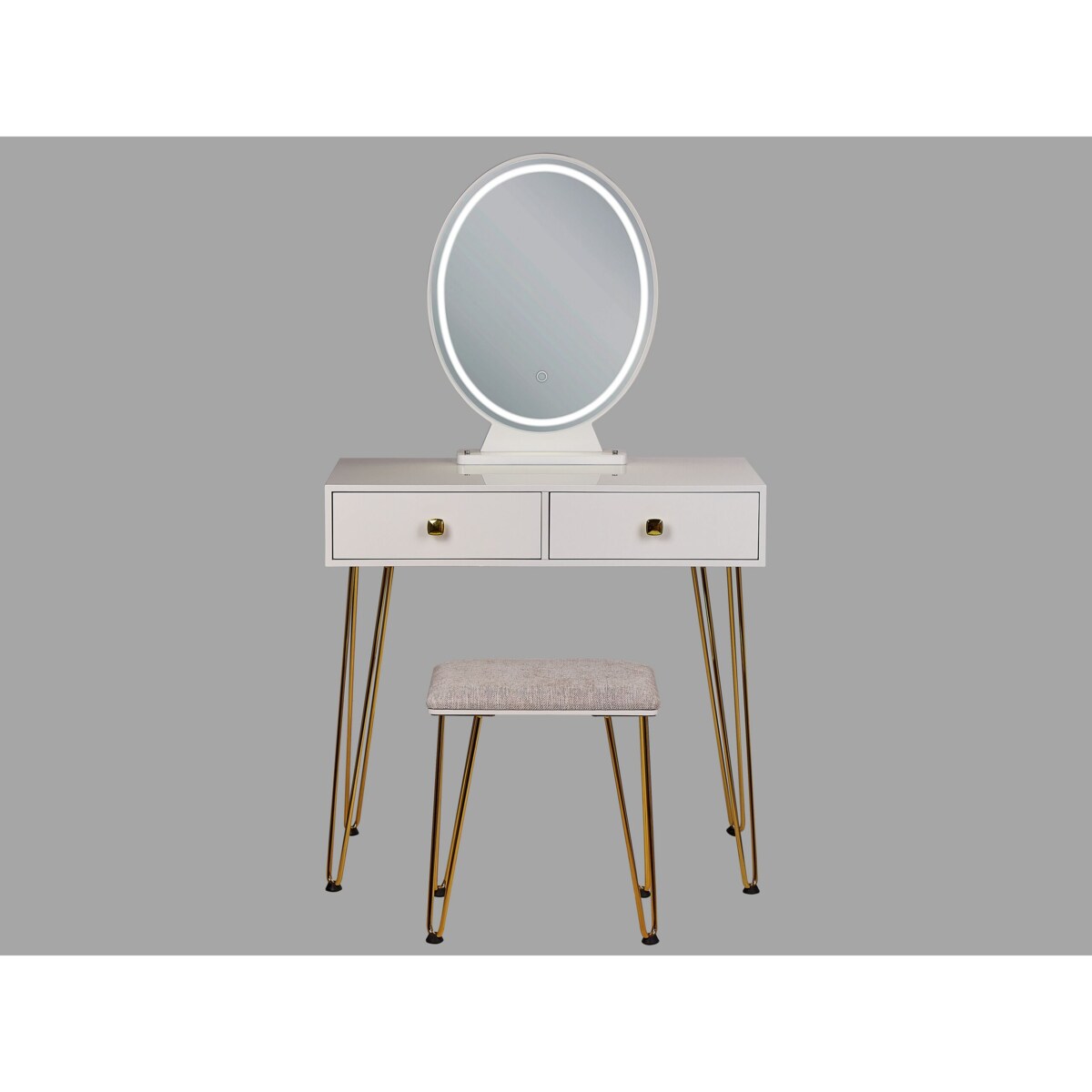 Toaletka 2 szuflady lustro LED ze stołkiem biało-złota CAEN