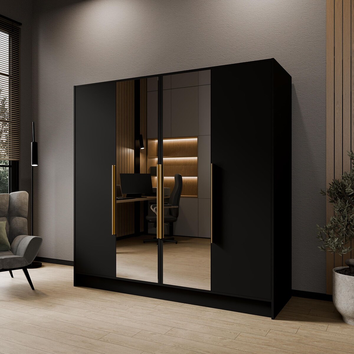 Szafa 200 gładka LUSO z lustrem i złotymi uchwytami, czarna