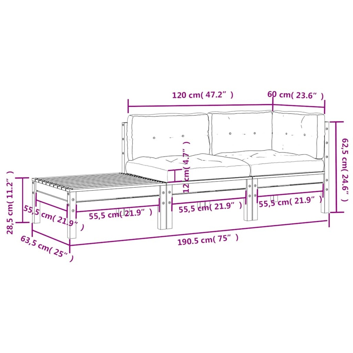 vidaXL 3-cz. zestaw wypoczynkowy z poduszkami, lita sosna