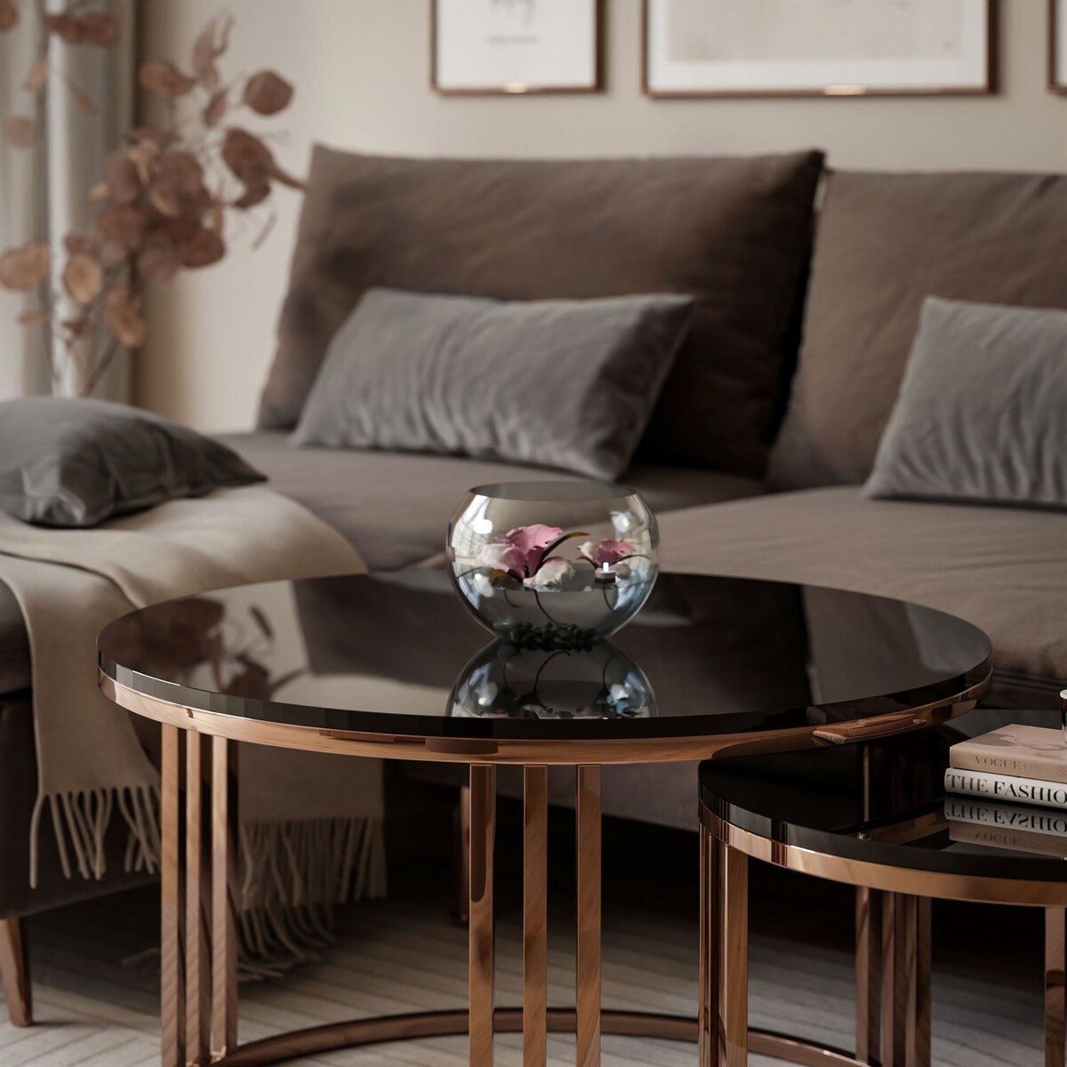 Zestaw stolików kawowych LORI 2w1 połysk, miedziana podstawa, czarny połysk