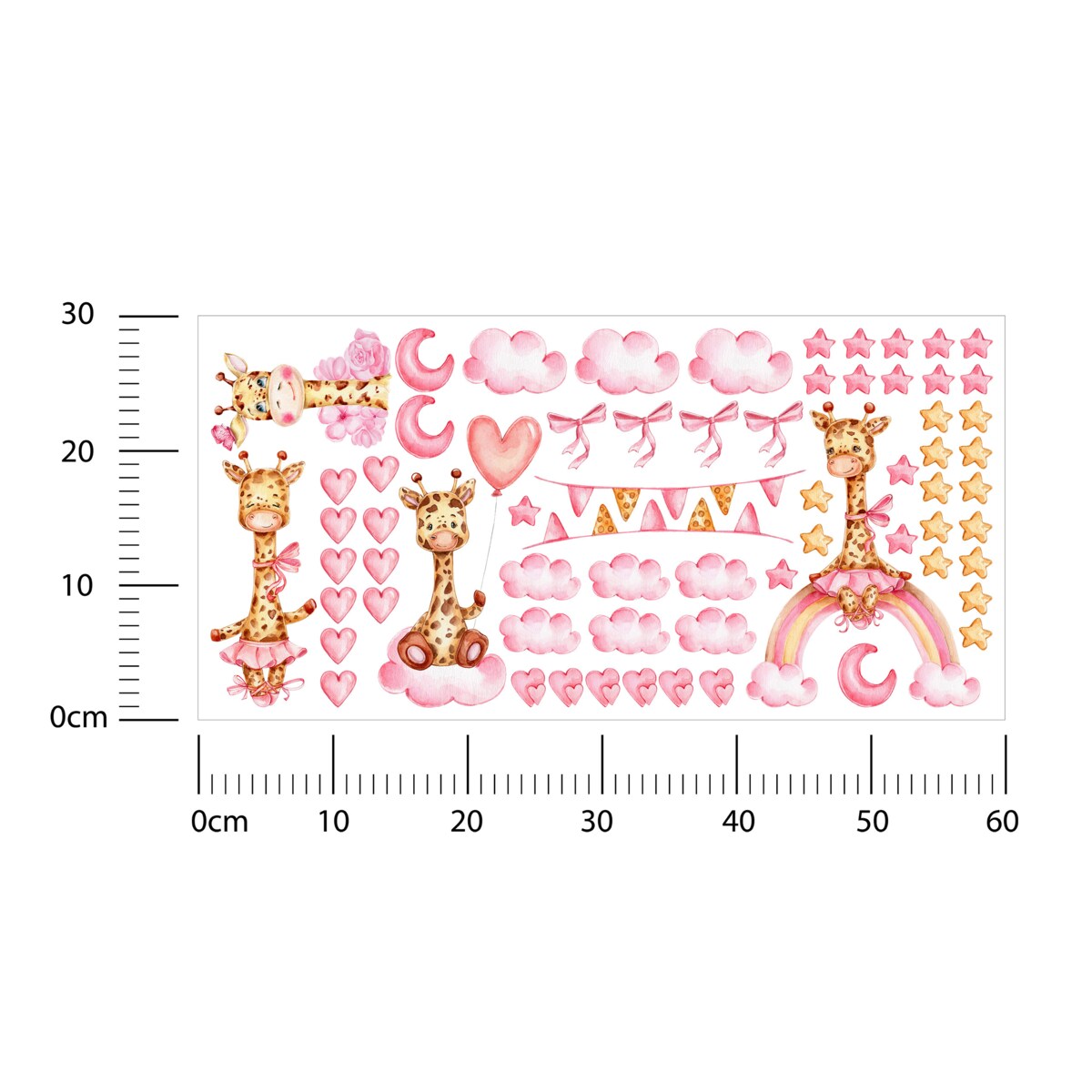 Naklejki Ścienne Dla Dzieci Żyrafy Serduszka Różowe Chmury Kokardki ZESTAW 60x30cm