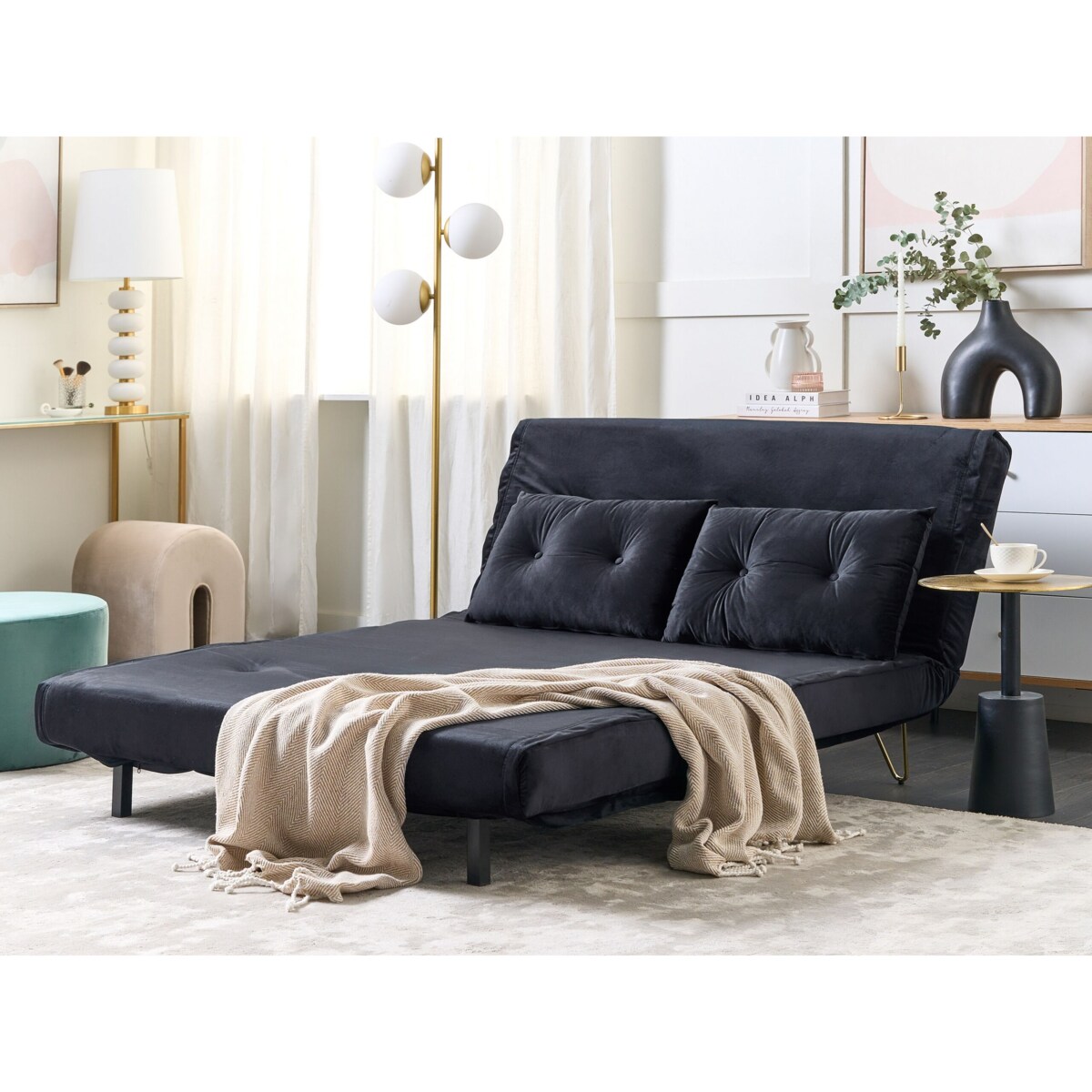 Sofa rozkładana VESTFOLD Welur Czarny dla 2 osób