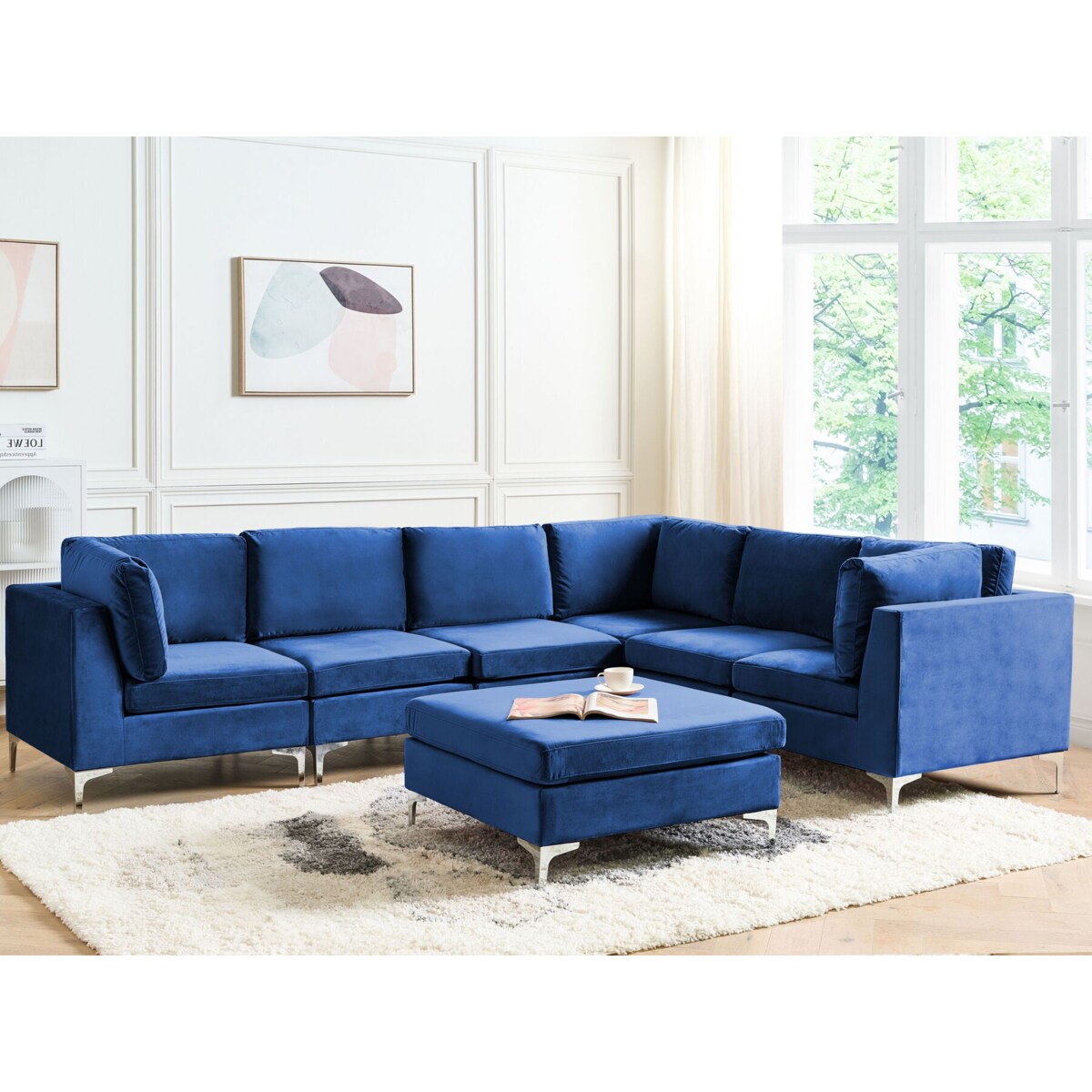 Narożnik modułowy 6-osobowy z otomaną welurowy lewostronny niebieski EVJA