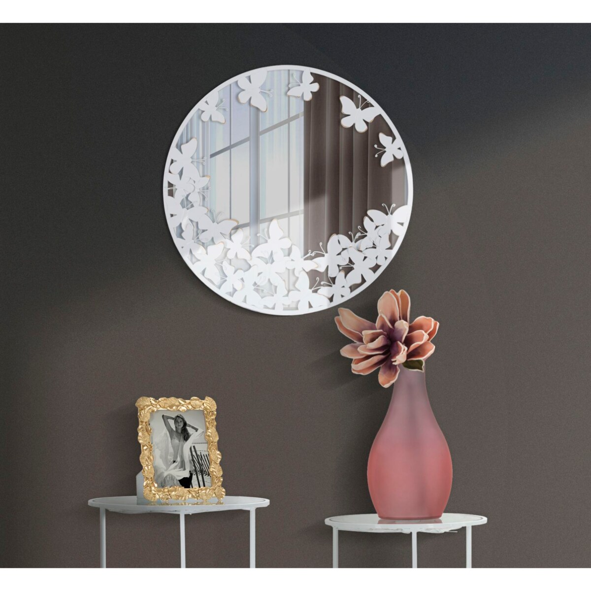 Lustro ścienne Butterfly, kolor biały i złoty, żelazo i płyta MDF, 62,5 x 2,3 x 62,5 cm, kształt okrągły, motyw: motyle, styl glamour, Mauro Ferretti