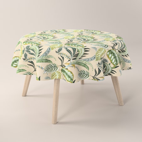Obrus okrągły 130 x 130 cm oliwkowo-zielone liście na lnianym tle