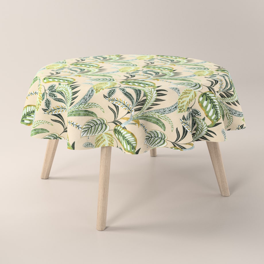 Obrus okrągły 130 x 130 cm oliwkowo-zielone liście na lnianym tle
