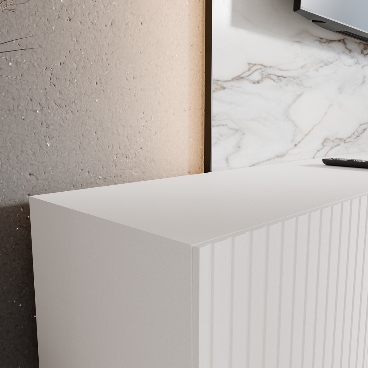 Szafka RTV RIO 300 cm otwarta z półkami do salonu, ryflowana- biała