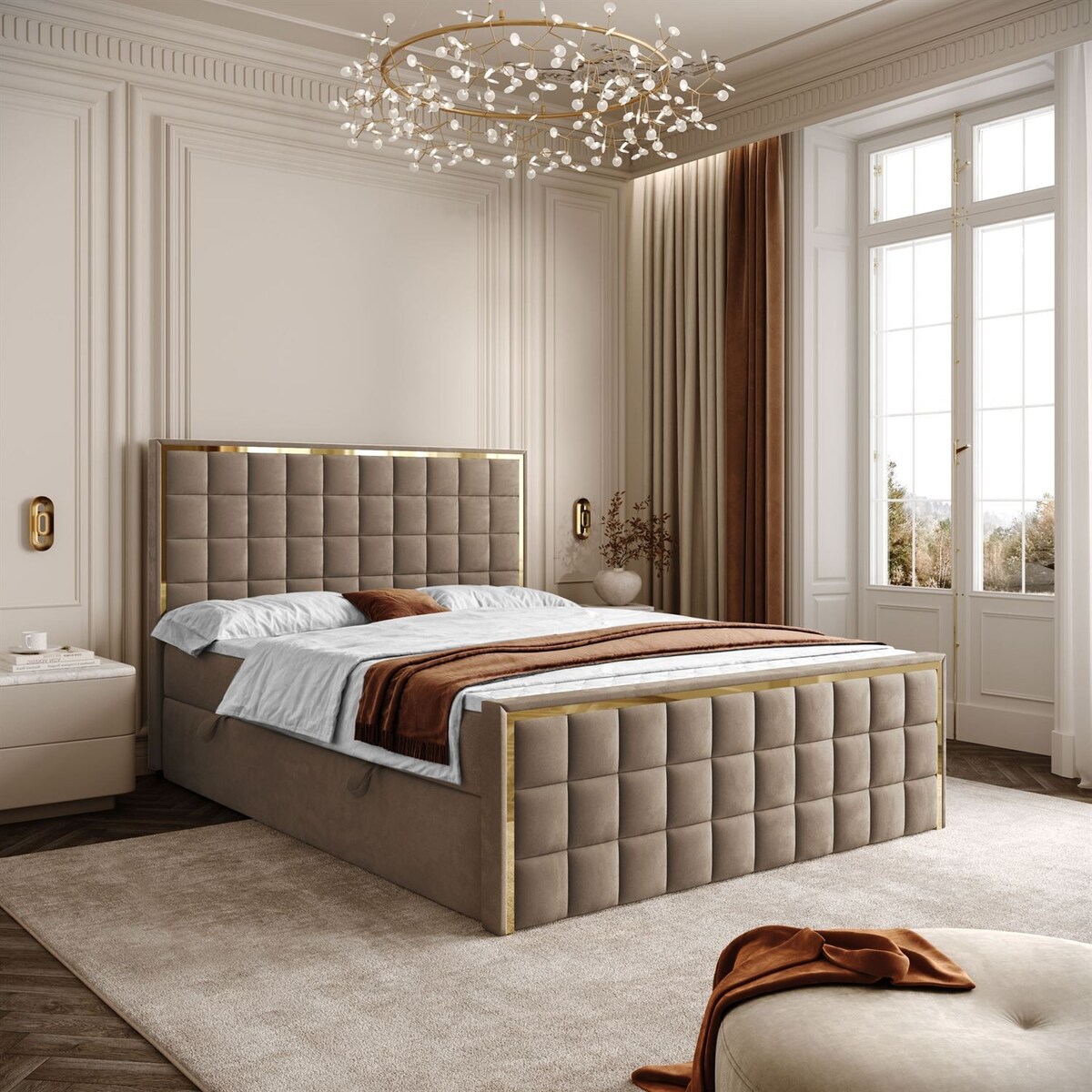 Łóżko kontynentalne ISADORA II GOLD, pojemnik na pościel, 160x200, RV 176, topper