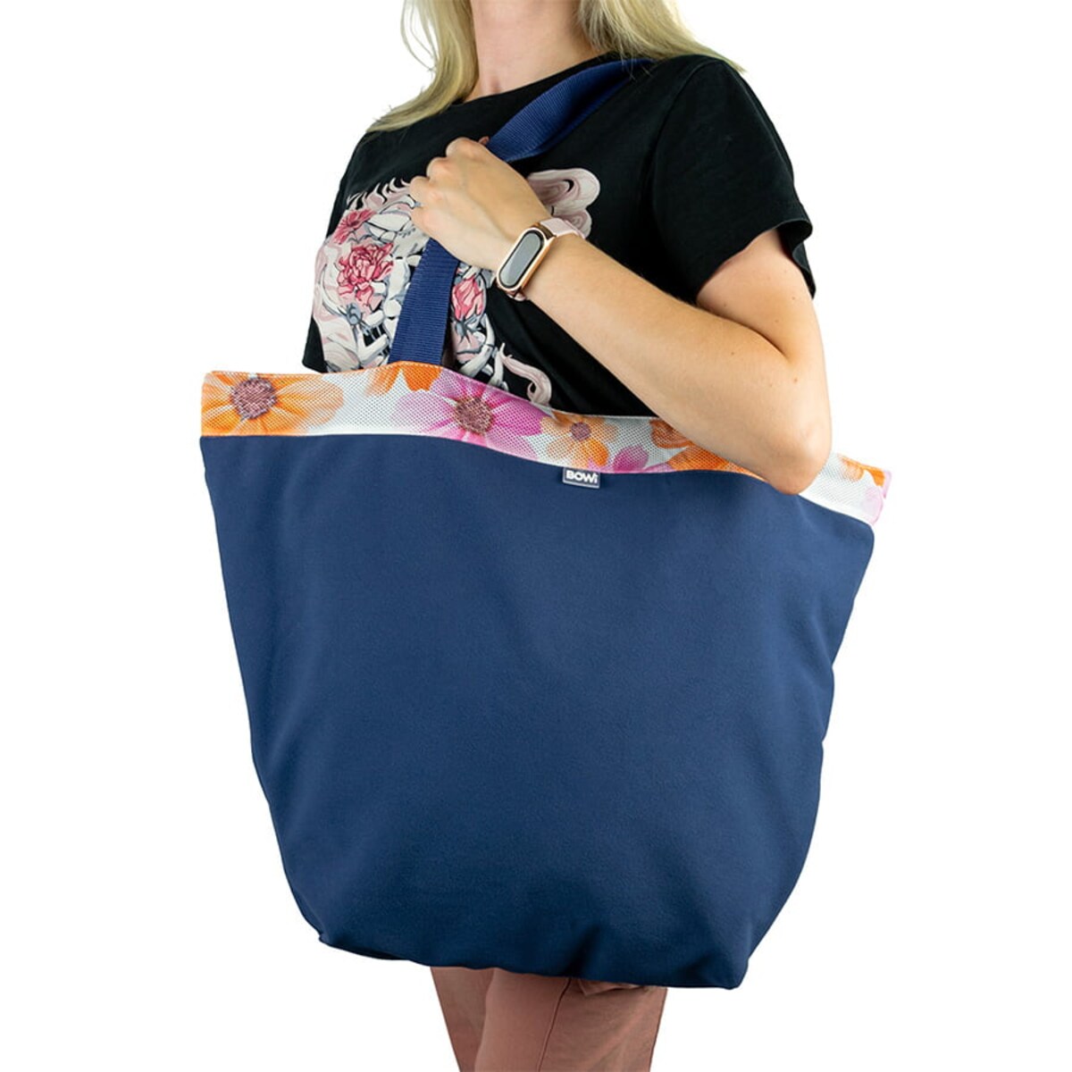 Torba na zakupy granatowa pomarańczowe kwiaty ze sprzączką