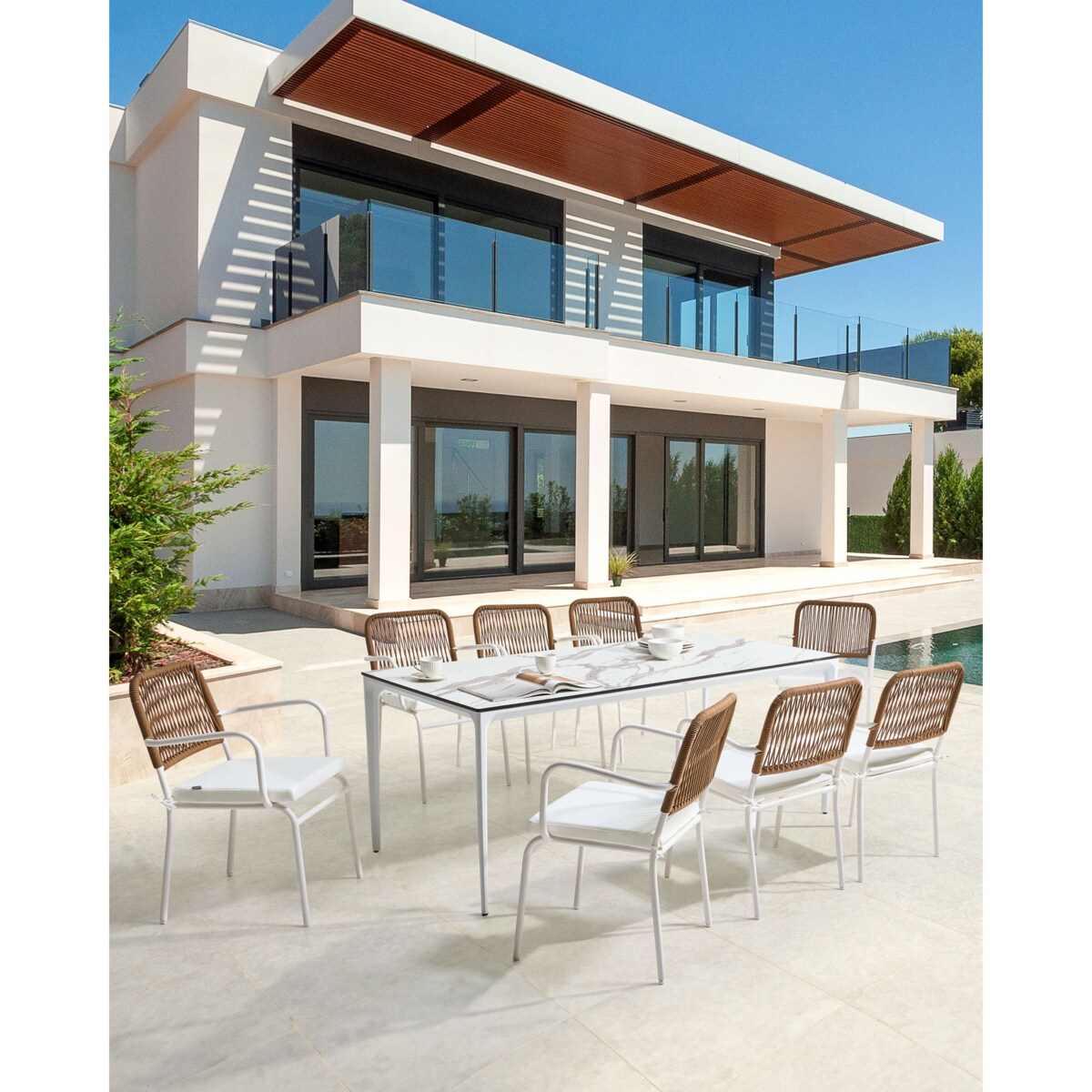 Zestaw 8 krzeseł ogrodowych z poduszkami TACENO Metal Biały