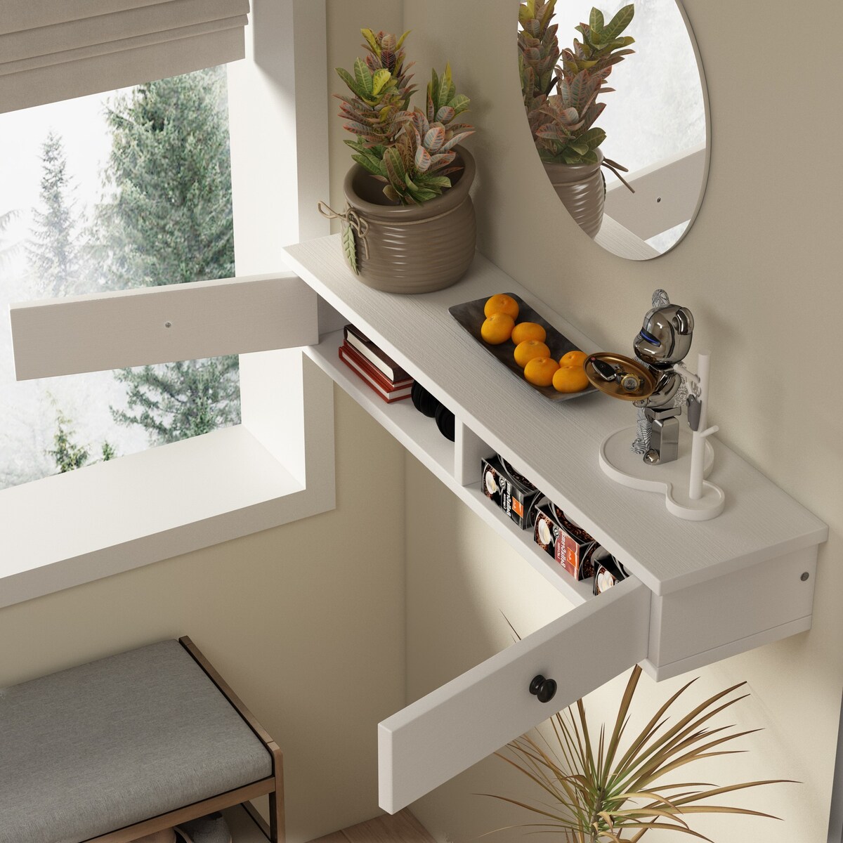 Półka wisząca z szufladami biała nowoczesna loft sypialnia ścienna 64 cm