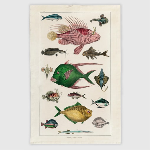 ścierka kuchenna lniana - vintage rybki 50x70 cm