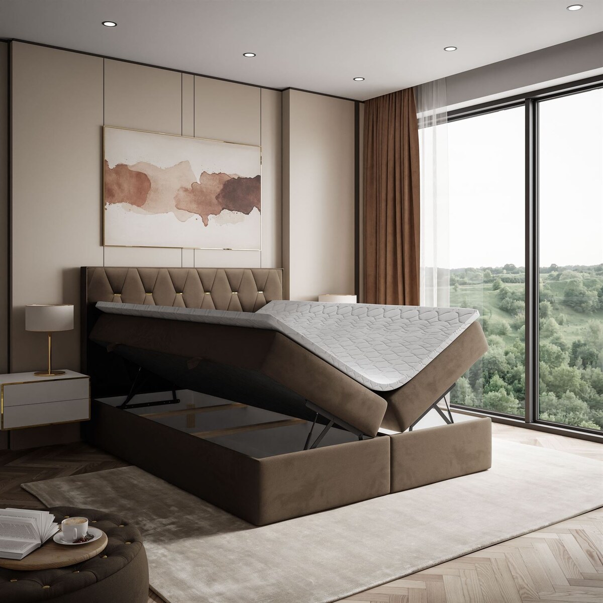 Łóżko kontynentalne IZOLDA z pojemnikiem na pościel, 160x200, RV 196, topper