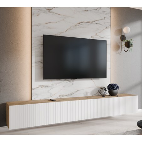 Szafka RTV RIO 300 cm, zamknięta pod telewizor, ryflowana- artisan+biały